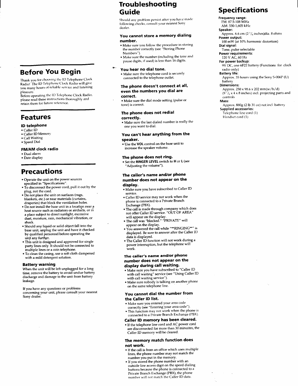 Before you begin, Features, Precautions | Troubleshooting, Guide, Specifications, Troubleshooting guide | Sony SCT-ID10 User Manual | Page 5 / 11
