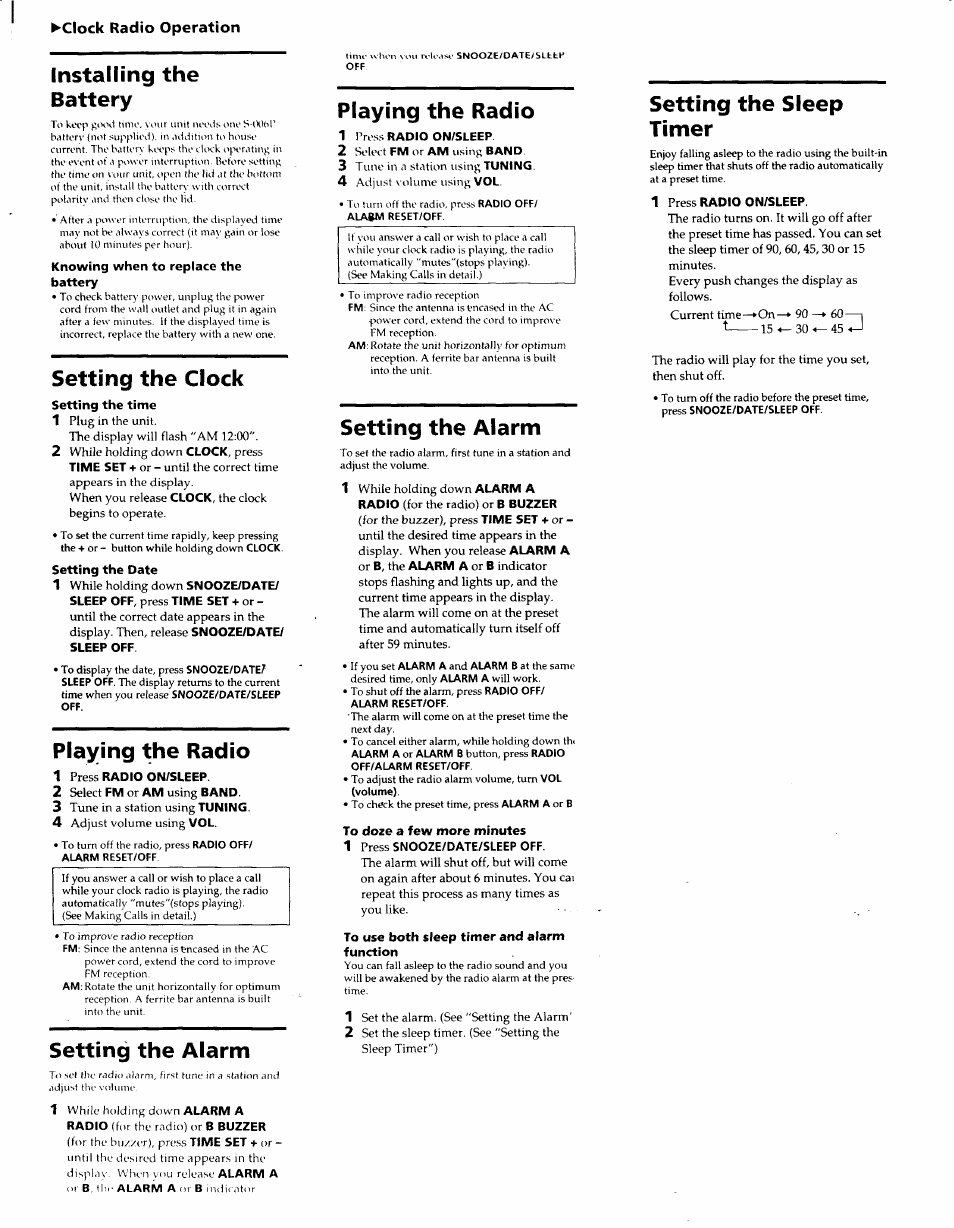 Installing the battery, Setting the clock, Playing the radio | Setting the alarm, Setting the sleep timer, Clock radio operation | Sony SCT-ID10 User Manual | Page 6 / 11