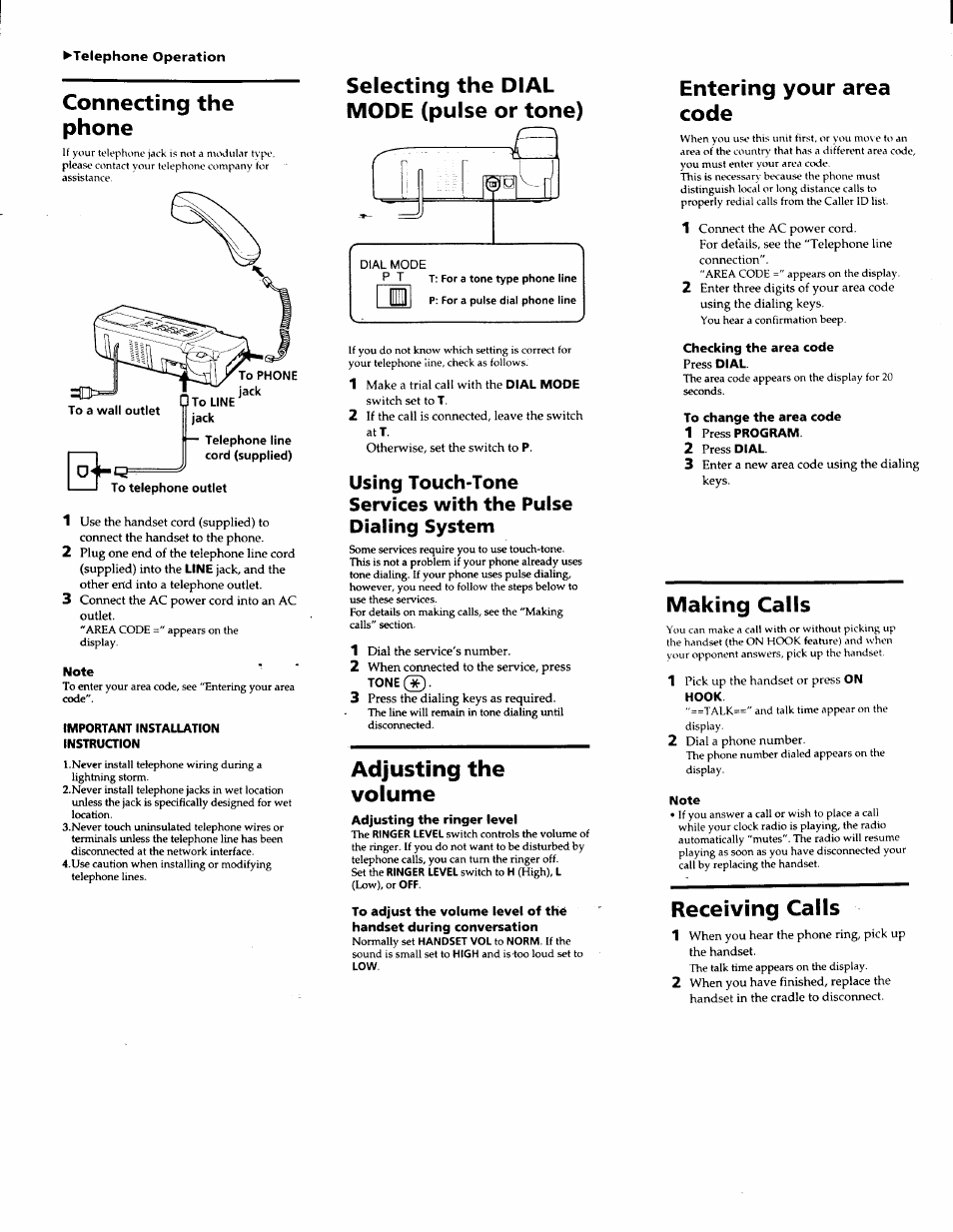 Connecting the phone, Selecting the dial mode (pulse or tone), Adjusting the volume | Entering your area code, Making calls, Receiving calls | Sony SCT-ID10 User Manual | Page 8 / 11