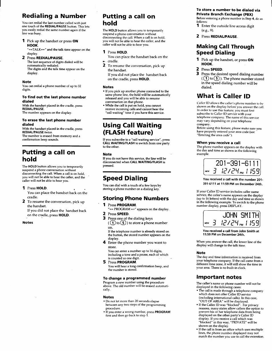Redialing a number, Putting a call on hold, Using call waiting (flash feature) | Speed dialing, What is caller id, Storing phone numbers, Making call through speed dialing, John smith | Sony SCT-ID10 User Manual | Page 9 / 11