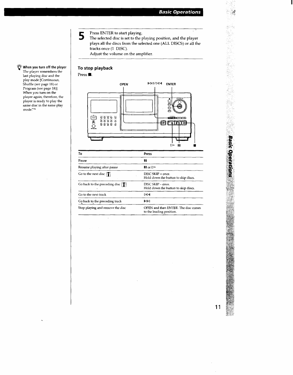 When you turn off the player, Press enter to start playing, Adjust the volume on the amplifier | To stop playback, Press | Sony CDP-CX270 User Manual | Page 11 / 32