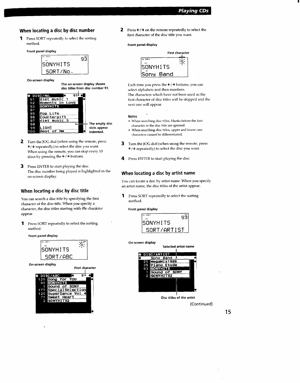 When locating a disc by disc number, Sonyhits, Sort/no | When locating a disc by disc title, Sqrt/abc, Sonyhits sony band, Notes, When locating a disc by artist name, Sonyhits sort/no, Sonyhits sqrt/abc | Sony CDP-CX270 User Manual | Page 15 / 32