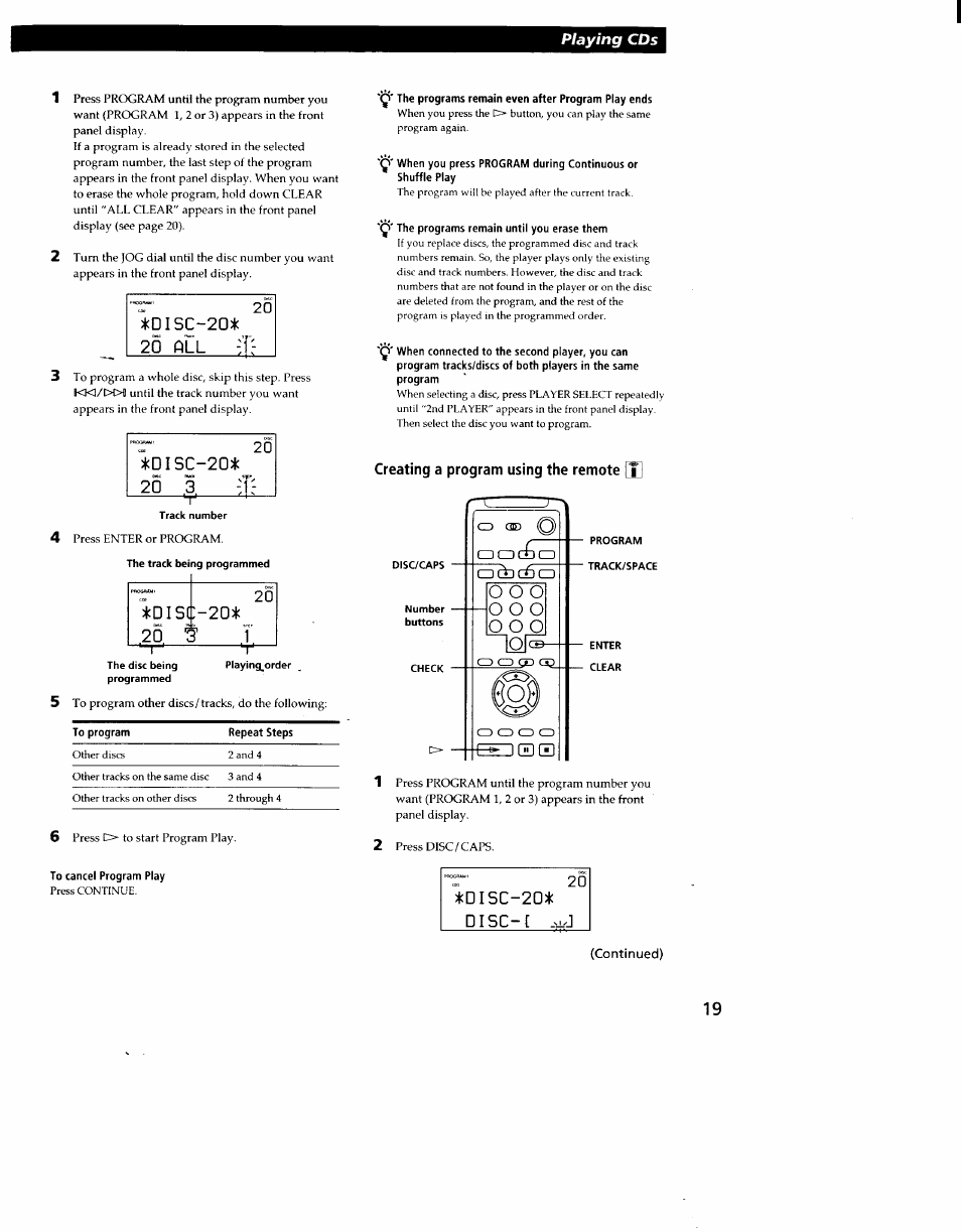 Di sc-20, The programs remain even after program play ends, The programs remain until you erase them | Creating a program using the remote [t, Disc-2d* 20 all, Disc-20* □ isc-[ .-j | Sony CDP-CX270 User Manual | Page 19 / 32