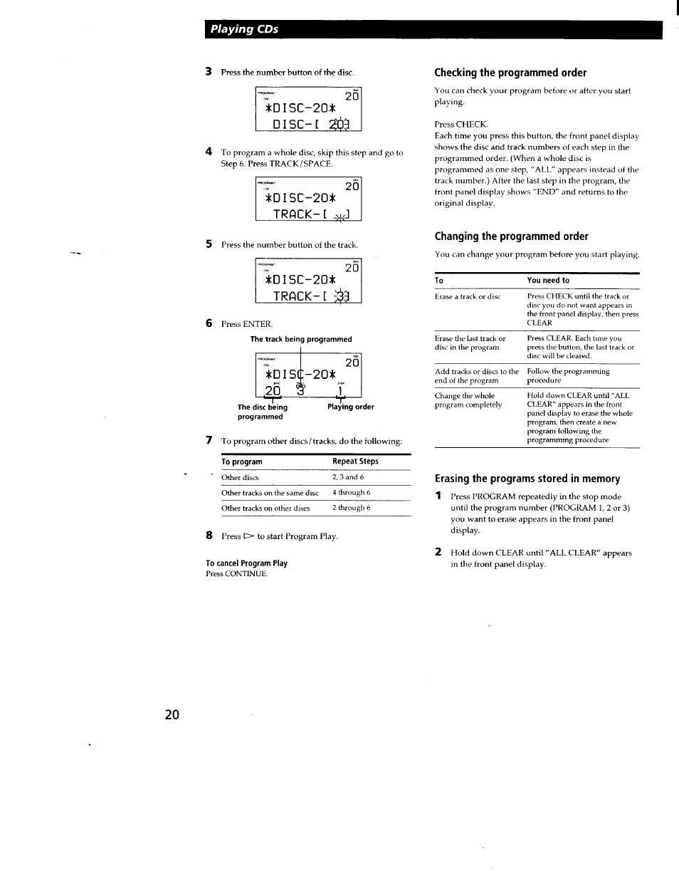 Disc-20* disc-[ g03, Disc-20* trpck-i -j, 0150-20* track | To cancel program play, Checking the programmed order, Changing the programmed order, Erasing the programs stored in memory | Sony CDP-CX270 User Manual | Page 20 / 32