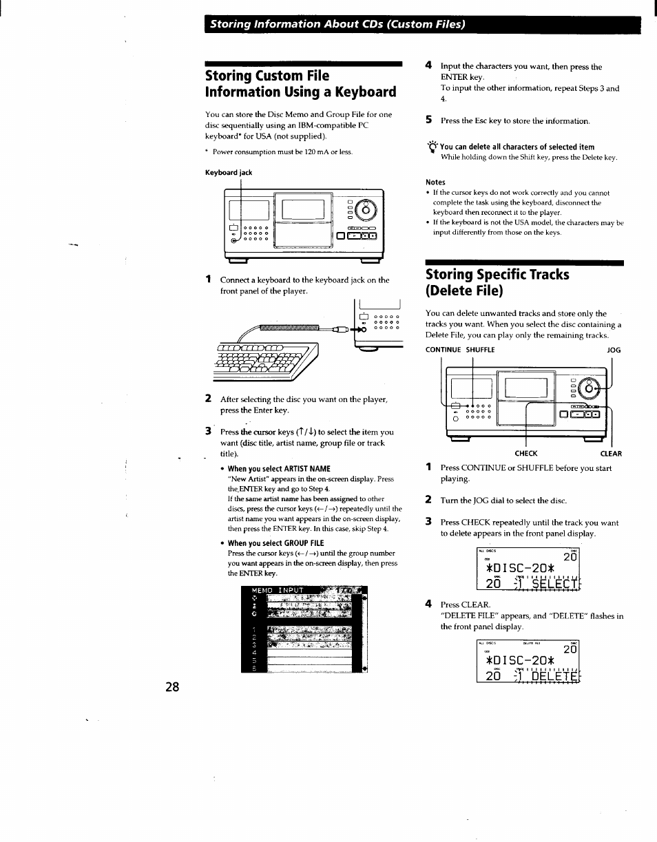 Storing custom file information using a keyboard, When you select artist name, Q'you can delete all characters of selected item | Notes, Storing specific tracks (delete file), 20 -j ' selecf i, Disc-20, 20 -1 delete | Sony CDP-CX270 User Manual | Page 28 / 32