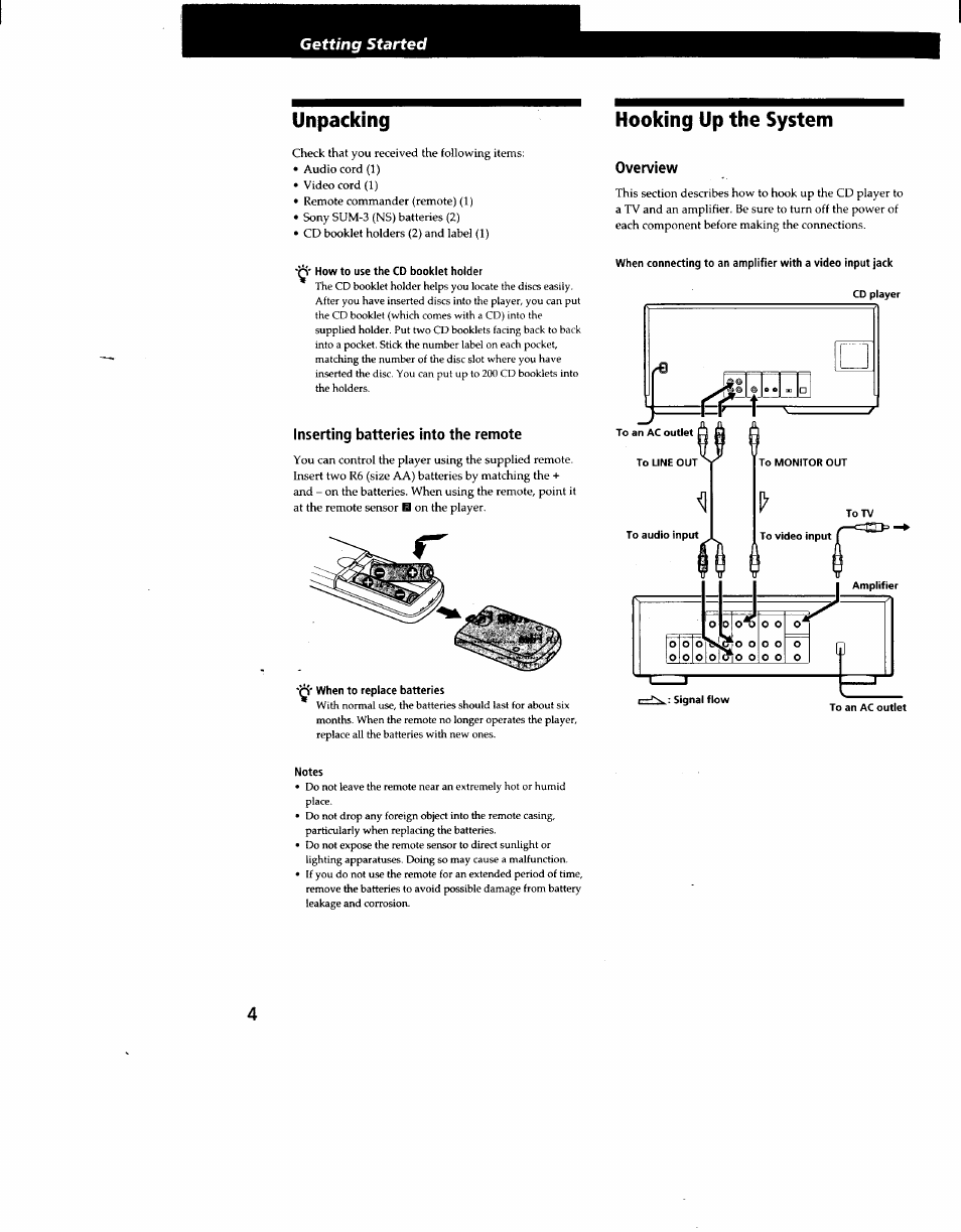 Unpacking, How to use the cd booklet holder, Inserting batteries into the remote | When to replace batteries, Hooking up the system, Overview, Notes, Unpacking hooking up the system | Sony CDP-CX270 User Manual | Page 4 / 32