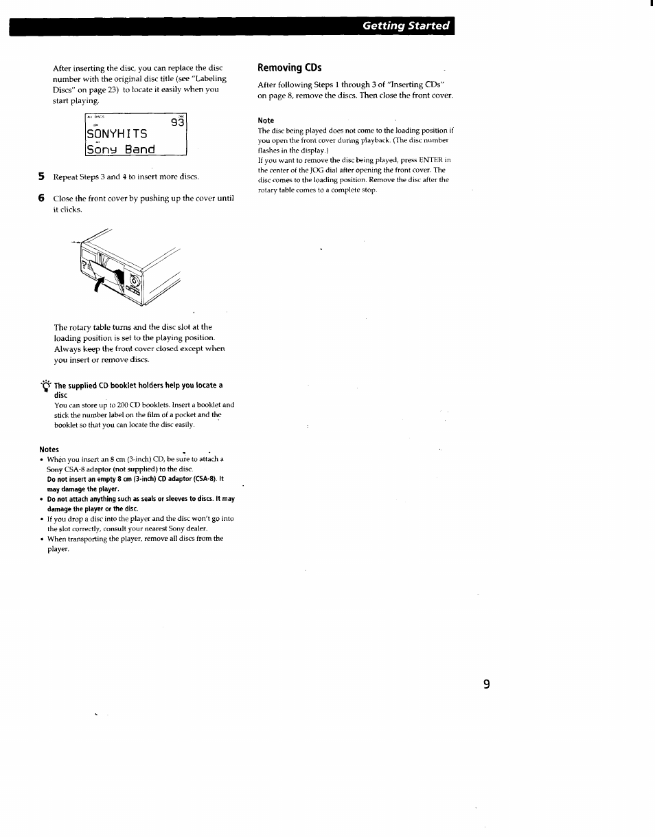 Removing cds, Note, Disc | Notes | Sony CDP-CX270 User Manual | Page 9 / 32