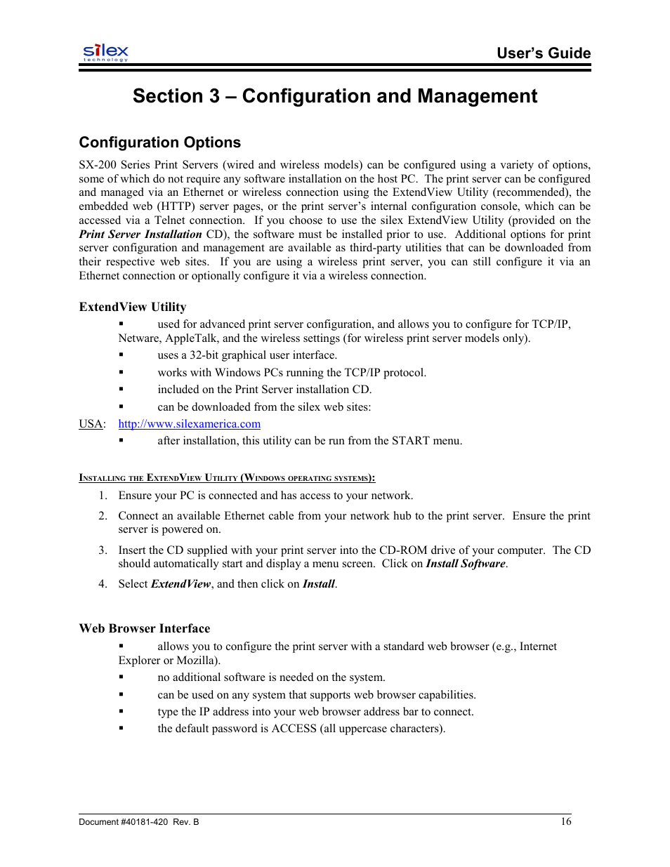 Section 3 – configuration and management, Configuration options, Extendview utility | Web browser interface, User’s guide | Sony SX-215 User Manual | Page 16 / 87