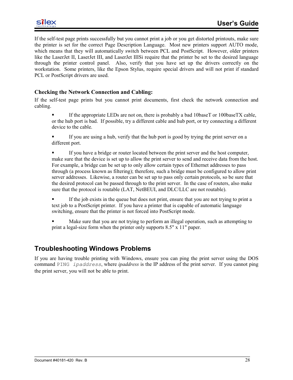 Checking the network connection and cabling, Troubleshooting windows problems, User’s guide | Sony SX-215 User Manual | Page 28 / 87
