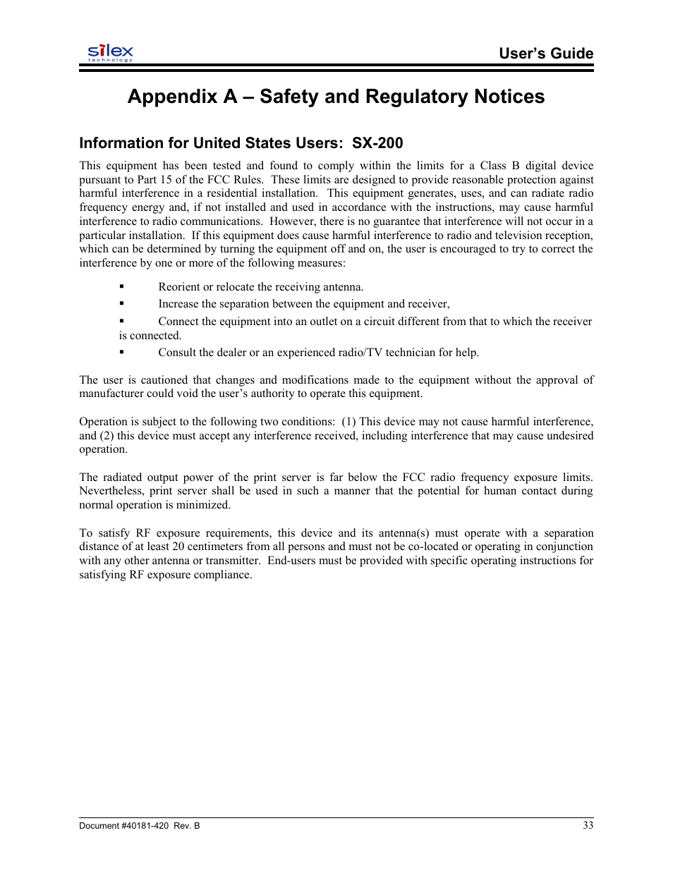 Appendix a – safety and regulatory notices, Information for united states users: sx-200 | Sony SX-215 User Manual | Page 33 / 87