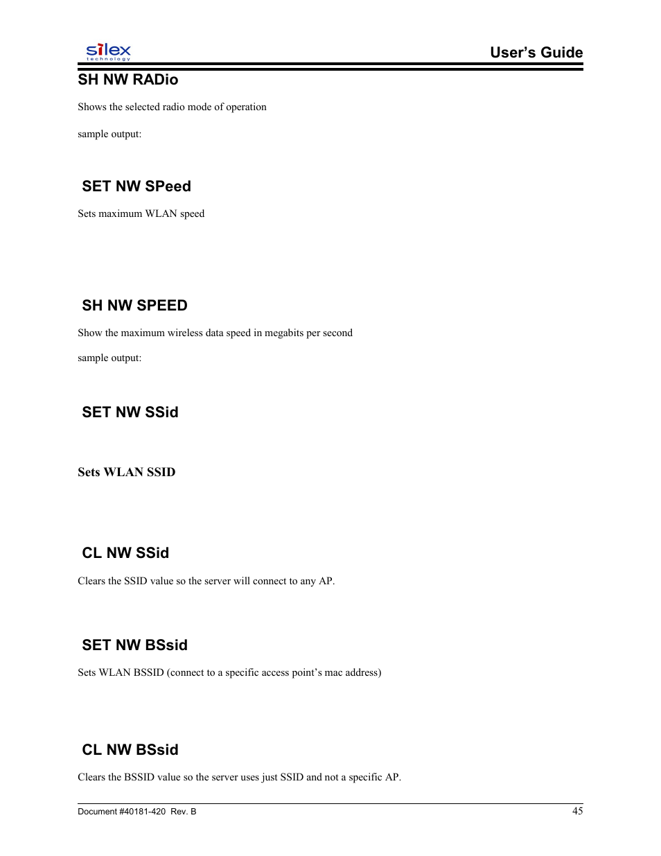Sh nw radio, Set nw speed, Sh nw speed | Set nw ssid, Sets wlan ssid, Cl nw ssid, Set nw bssid, Cl nw bssid, User’s guide sh nw radio | Sony SX-215 User Manual | Page 45 / 87