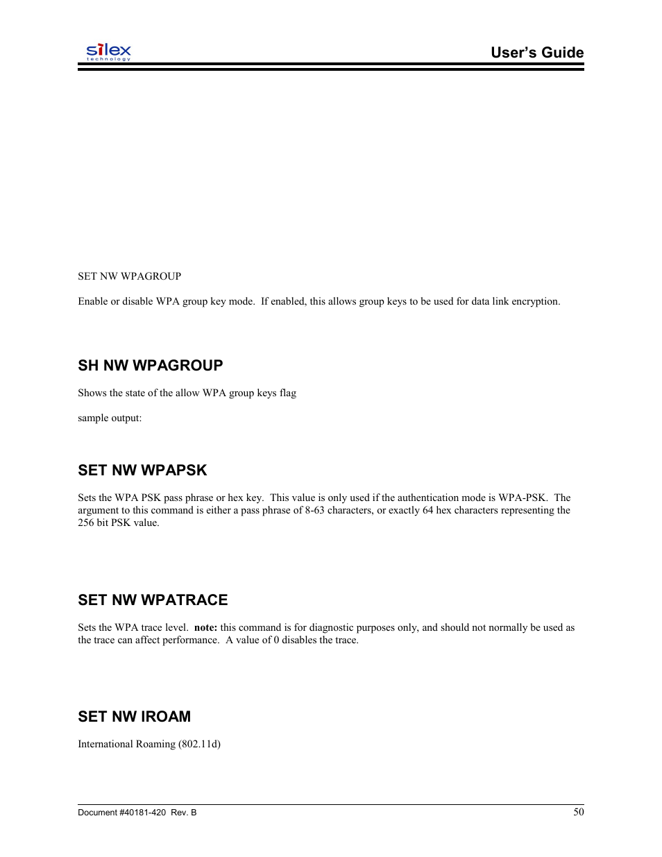 Sh nw wpagroup, Set nw wpapsk, Set nw wpatrace | Set nw iroam, User’s guide | Sony SX-215 User Manual | Page 50 / 87