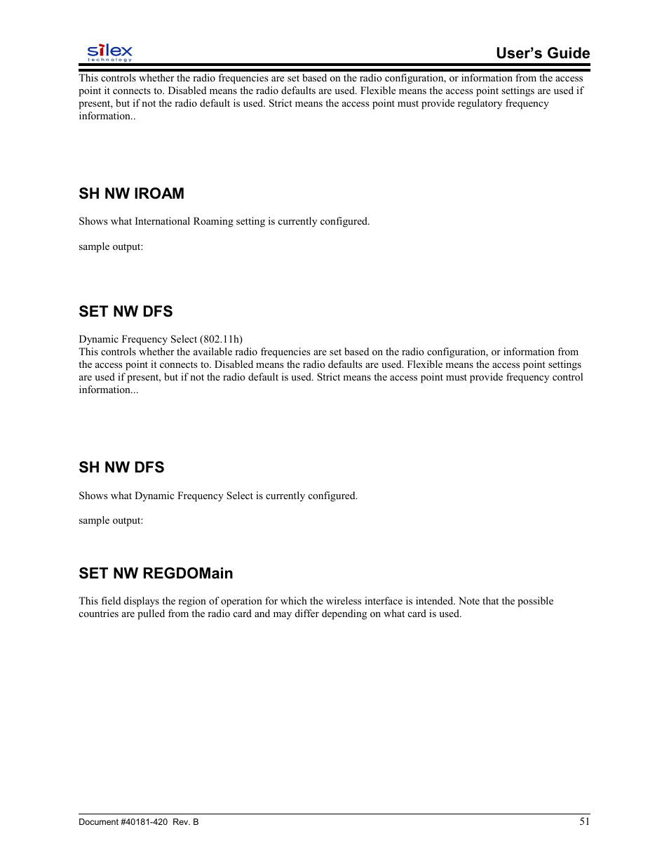 Sh nw iroam, Set nw dfs, Sh nw dfs | Set nw regdomain, User’s guide | Sony SX-215 User Manual | Page 51 / 87