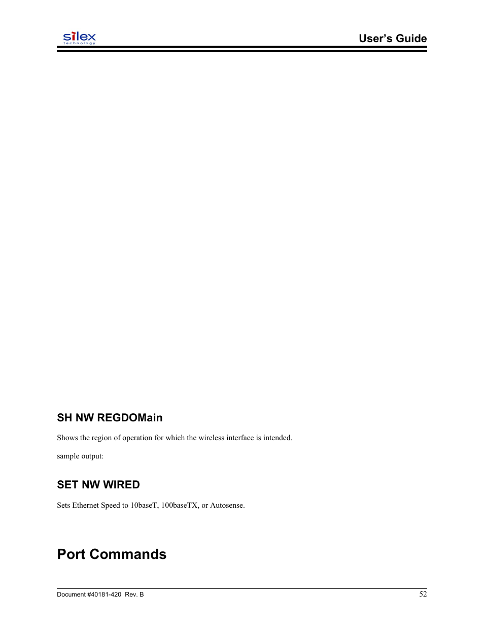 Sh nw regdomain, Set nw wired, Port commands | User’s guide | Sony SX-215 User Manual | Page 52 / 87