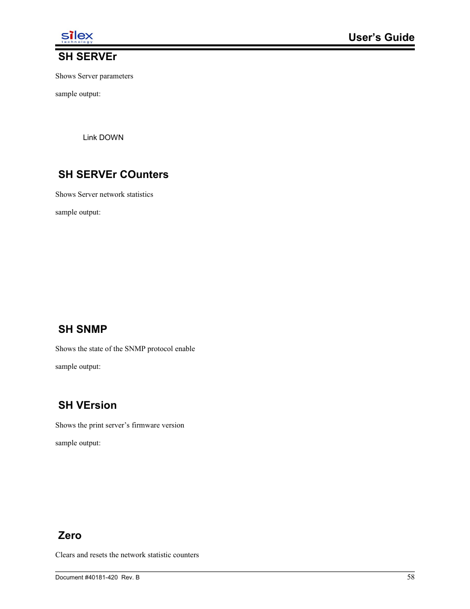 Sh server, Sh server counters, Sh snmp | Sh version, Zero, User’s guide sh server | Sony SX-215 User Manual | Page 58 / 87