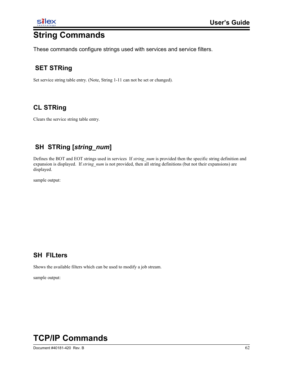 String commands, Set string, Cl string | Sh string [string_num, Sh filters, Tcp/ip commands | Sony SX-215 User Manual | Page 62 / 87