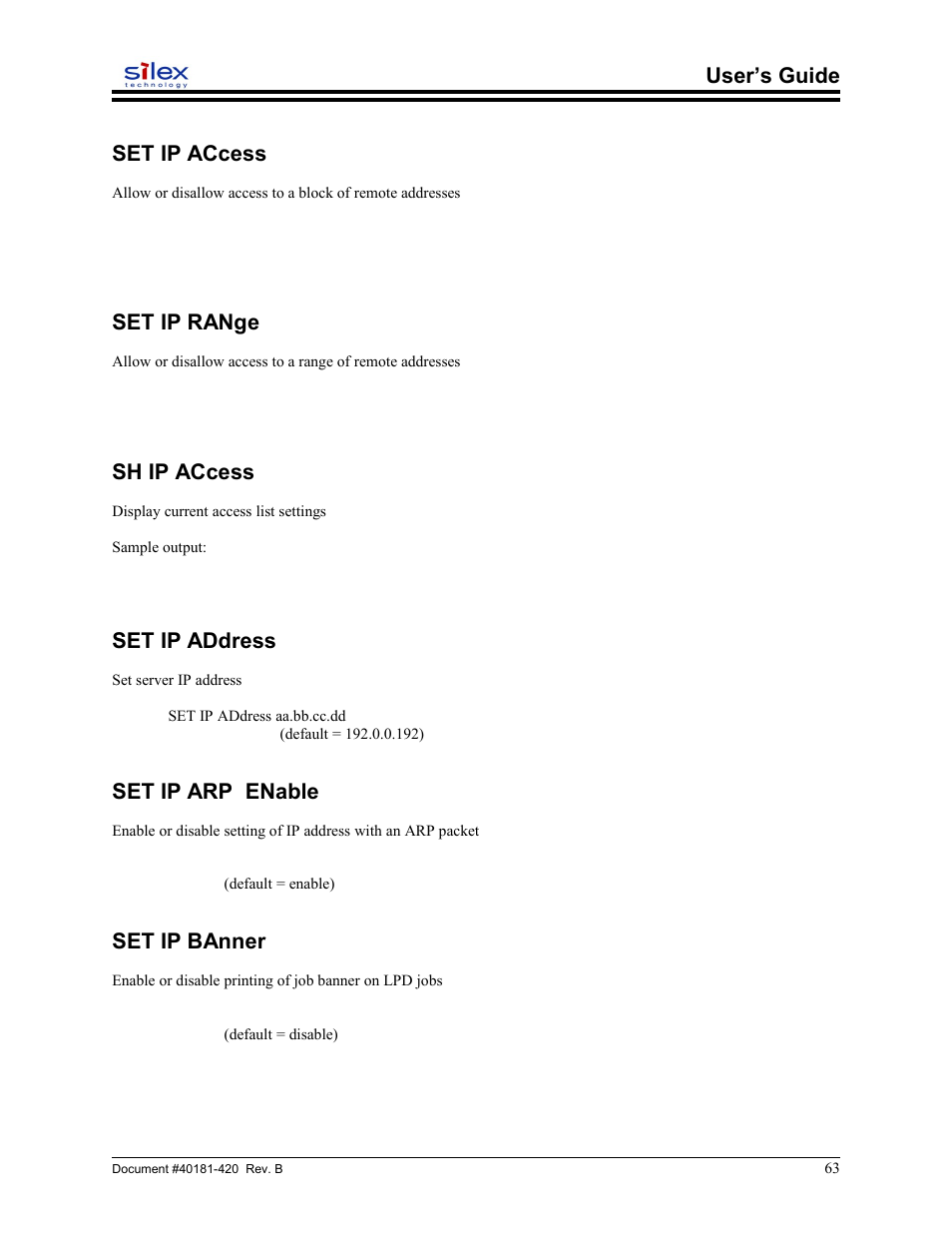 Set ip access, Set ip range, Sh ip access | Set ip address, Set ip arp enable, Set ip banner, User’s guide set ip access | Sony SX-215 User Manual | Page 63 / 87