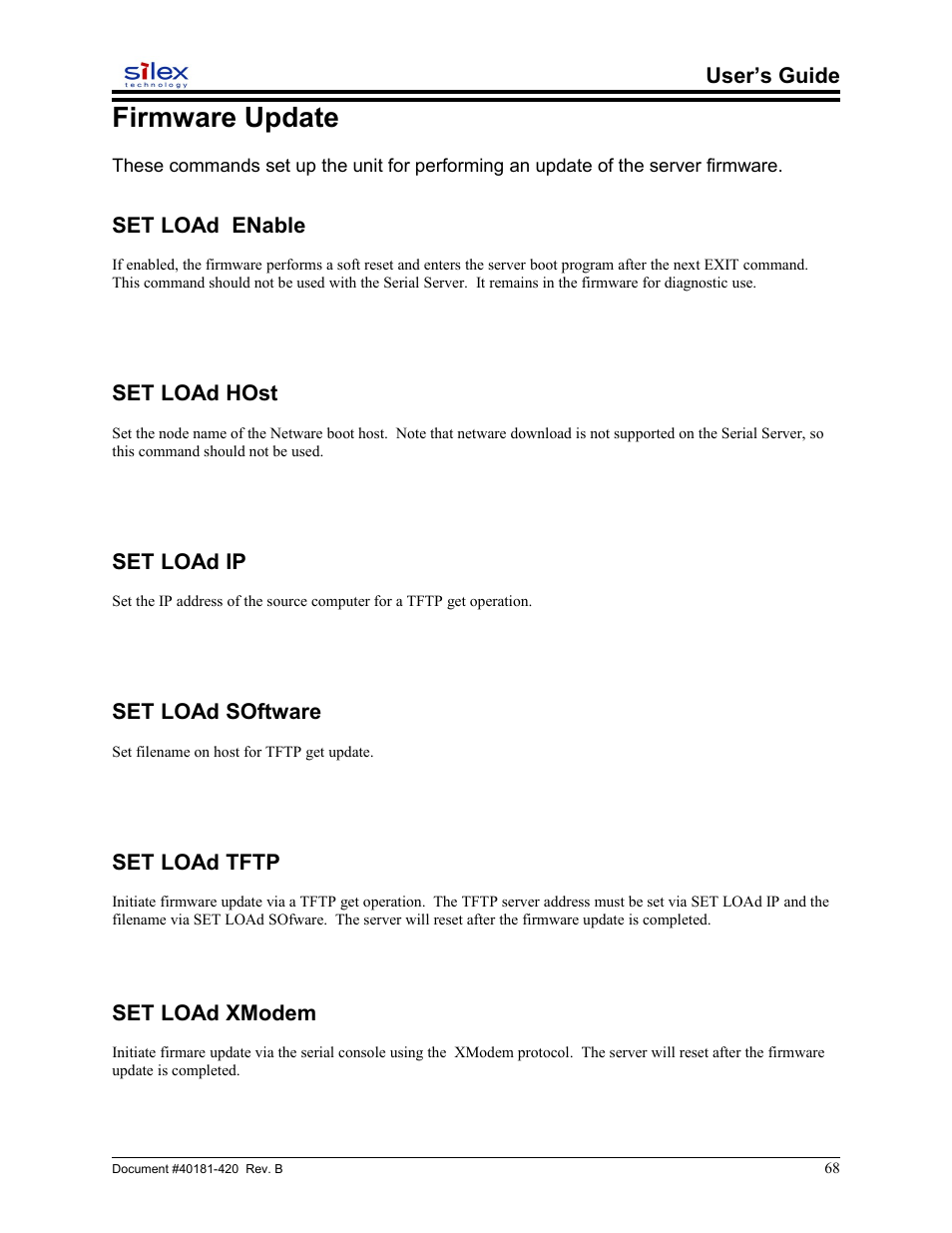 Firmware update, Set load enable, Set load host | Set load ip, Set load software, Set load tftp, Set load xmodem, User’s guide | Sony SX-215 User Manual | Page 68 / 87