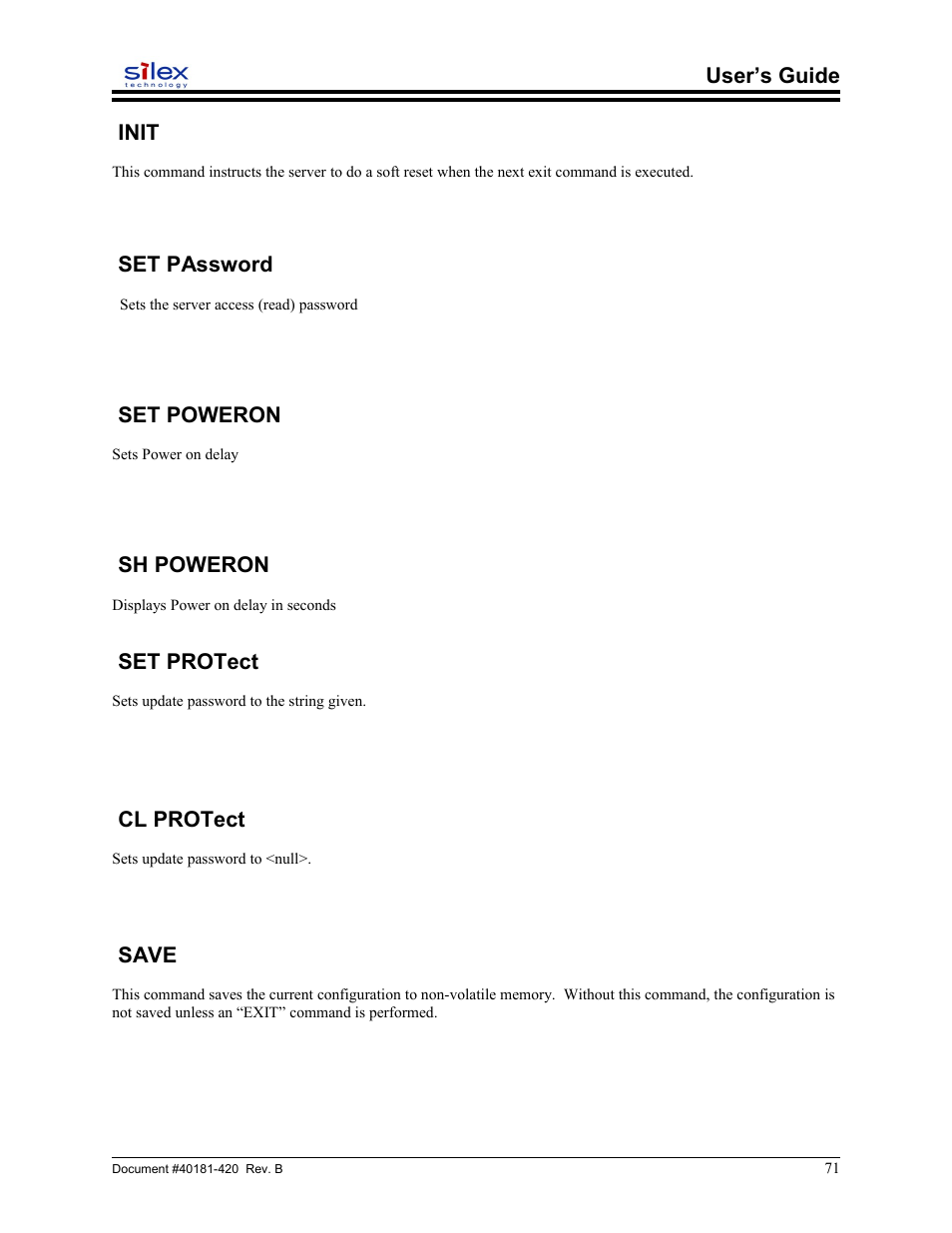 Init, Set password, Set poweron | Sh poweron, Set protect, Cl protect, Save, User’s guide init | Sony SX-215 User Manual | Page 71 / 87