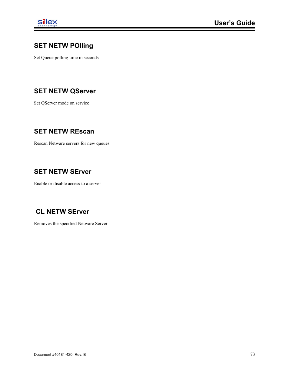 Set netw polling, Set netw qserver, Set netw rescan | Set netw server, Cl netw server, User’s guide set netw polling | Sony SX-215 User Manual | Page 73 / 87
