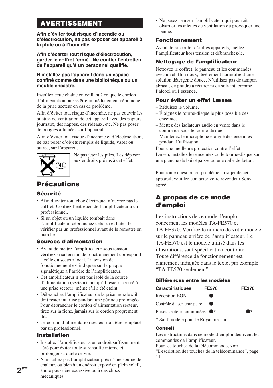 Avertissement, Précautions, A propos de ce mode d’emploi | Sony TA-FE370 User Manual | Page 12 / 44