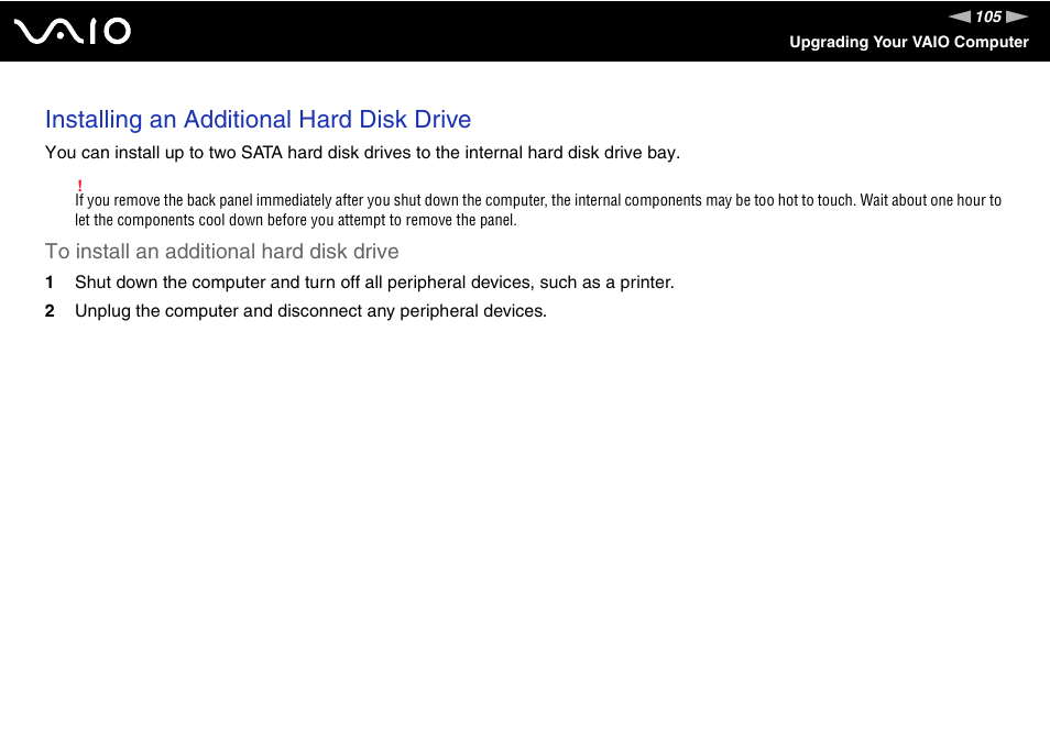 Installing an additional hard disk drive | Sony VGC-VA10G User Manual | Page 105 / 169