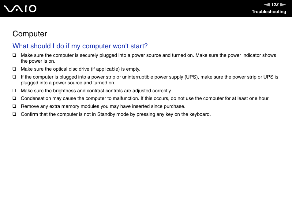 Computer, What should i do if my computer won't start | Sony VGC-VA10G User Manual | Page 123 / 169