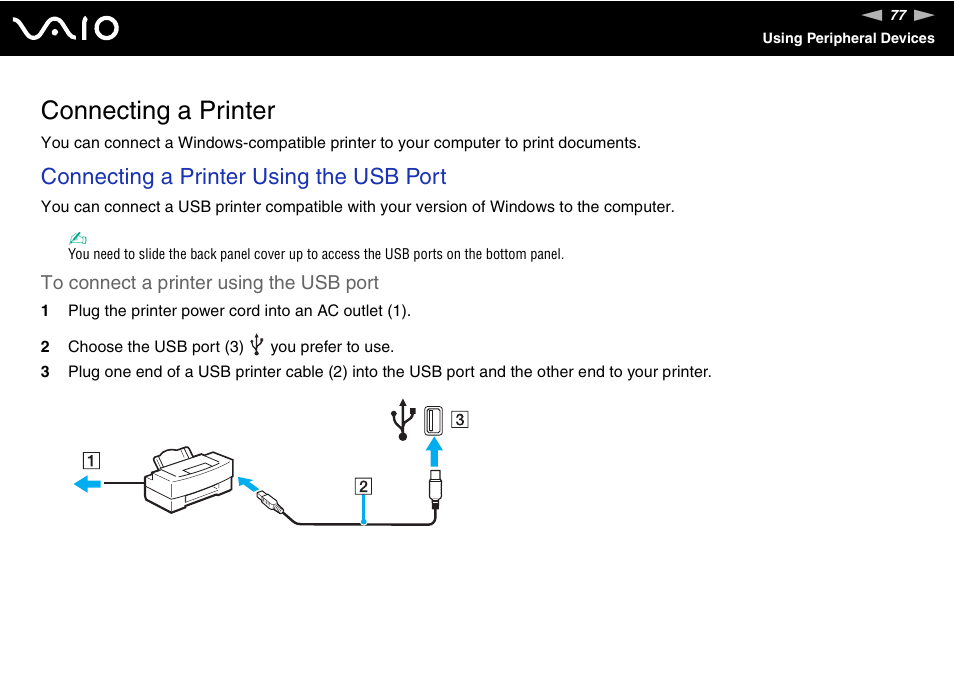 Connecting a printer, Connecting a printer using the usb port | Sony VGC-VA10G User Manual | Page 77 / 169