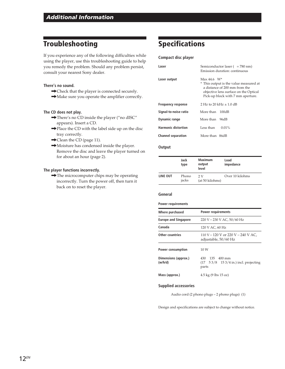 Specifications, Troubleshooting, Playing cds | Additional information | Sony CDP-CE105 User Manual | Page 12 / 50