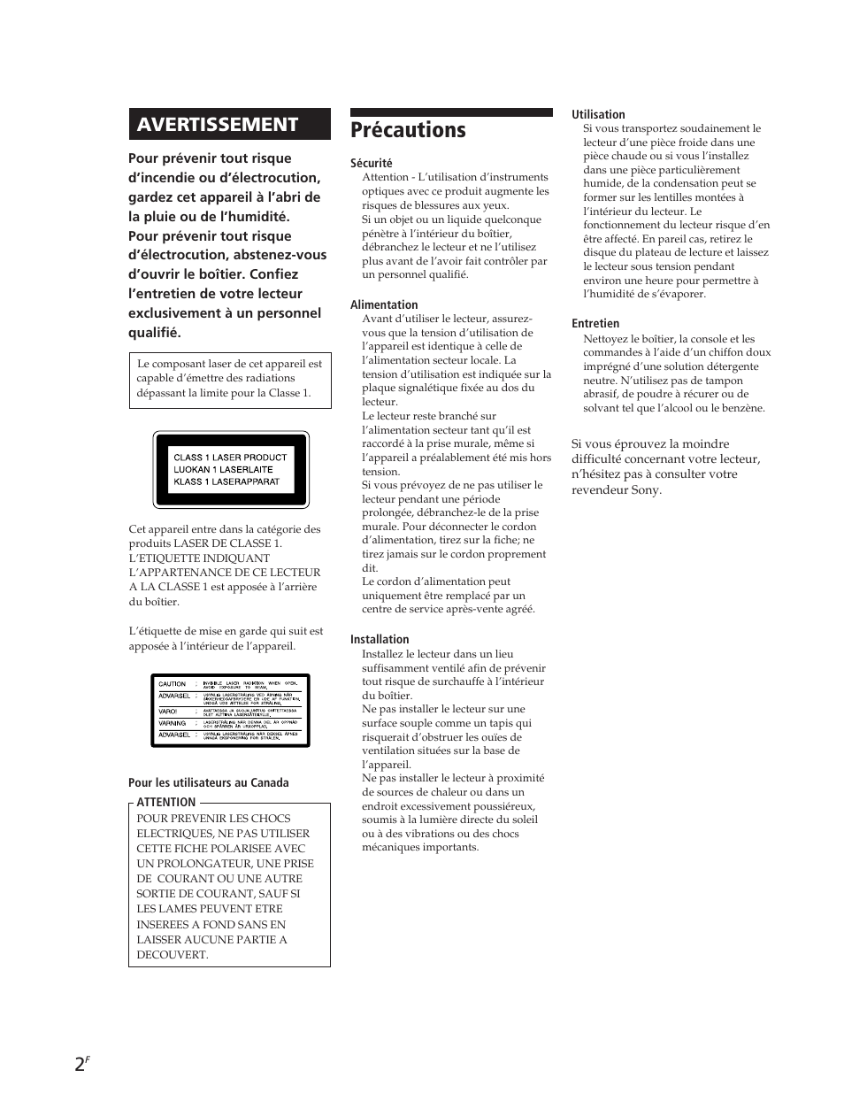 Précautions, Avertissement | Sony CDP-CE105 User Manual | Page 14 / 50