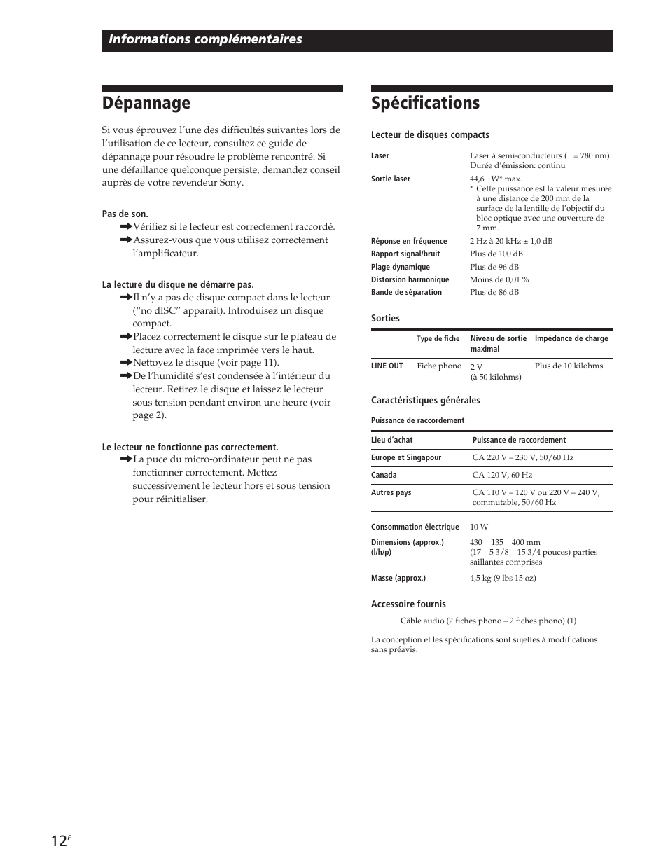 Dépannage, Spécifications, Lecture de disques compacts | Informations complémentaires | Sony CDP-CE105 User Manual | Page 24 / 50