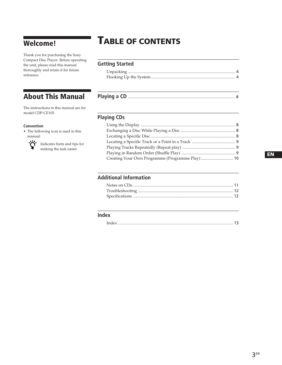 Able of contents, Welcome, About this manual | Sony CDP-CE105 User Manual | Page 3 / 50