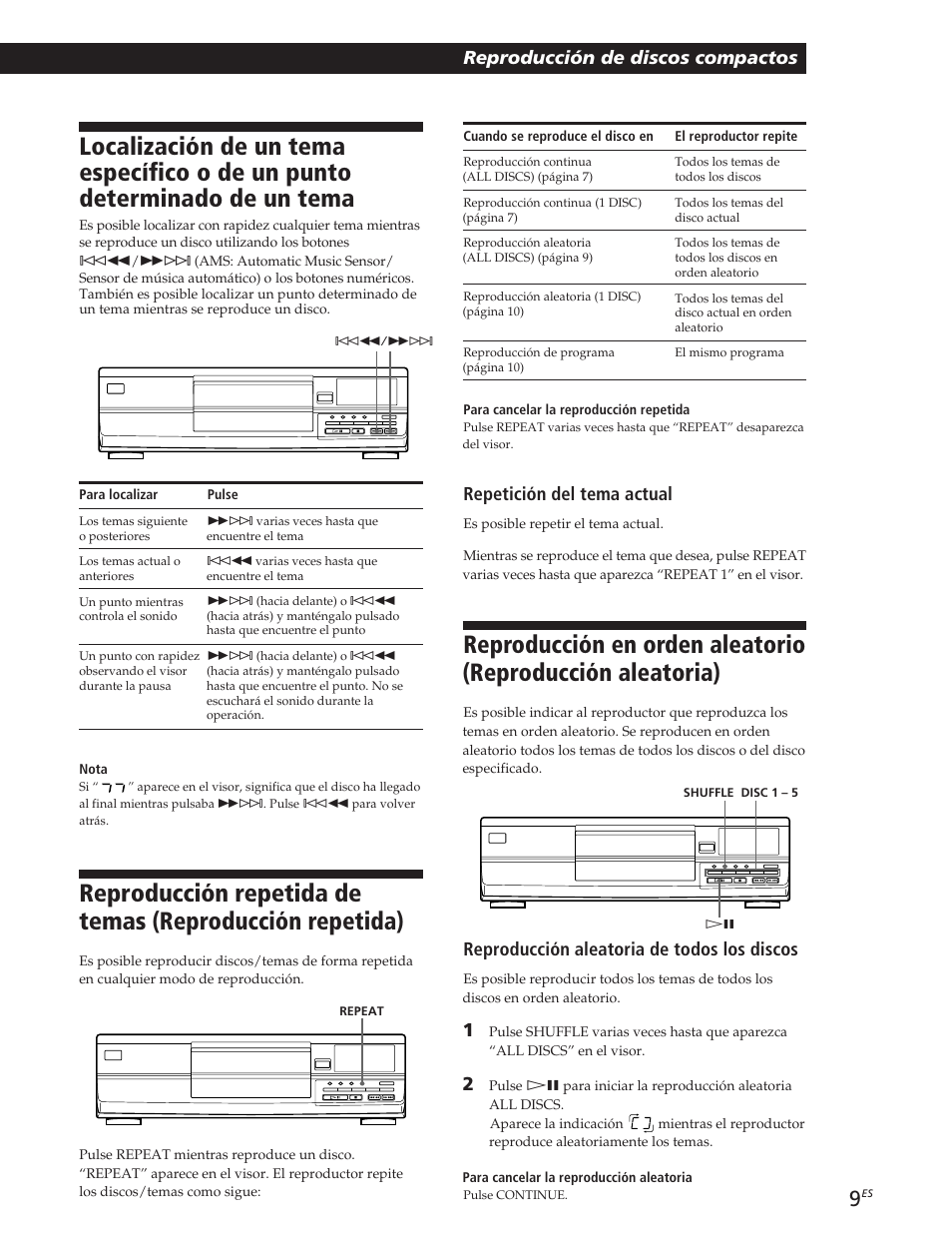 Reproducción de discos compactos, Repetición del tema actual, Reproducción aleatoria de todos los discos | Sony CDP-CE105 User Manual | Page 33 / 50