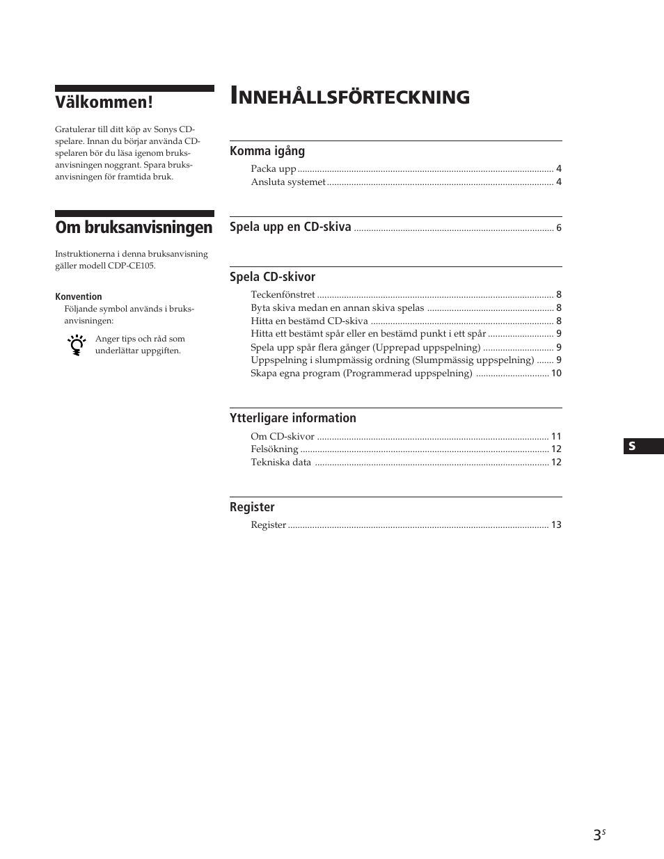 Nnehållsförteckning, Om bruksanvisningen, Välkommen | Sony CDP-CE105 User Manual | Page 39 / 50