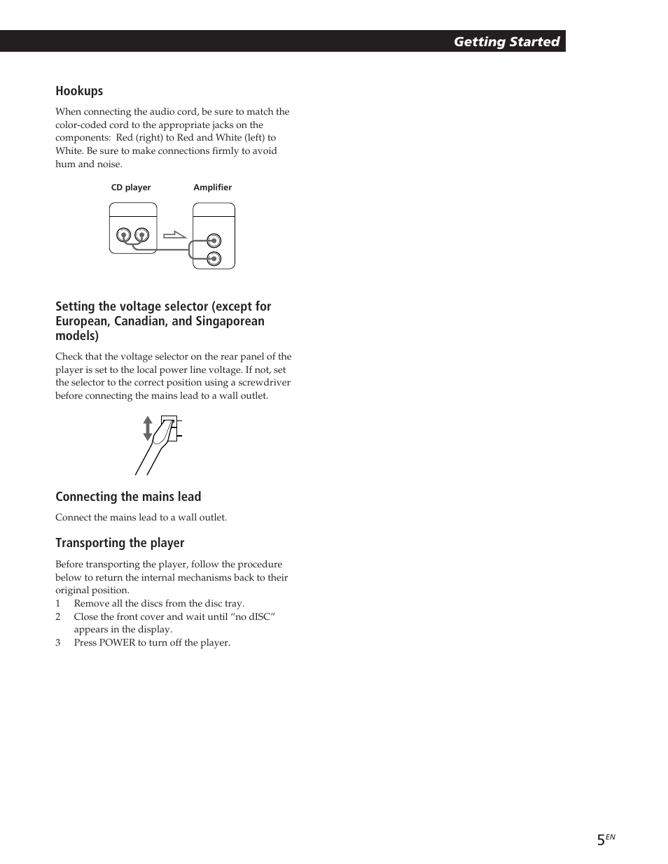 Getting started, Hookups, Connecting the mains lead | Transporting the player | Sony CDP-CE105 User Manual | Page 5 / 50
