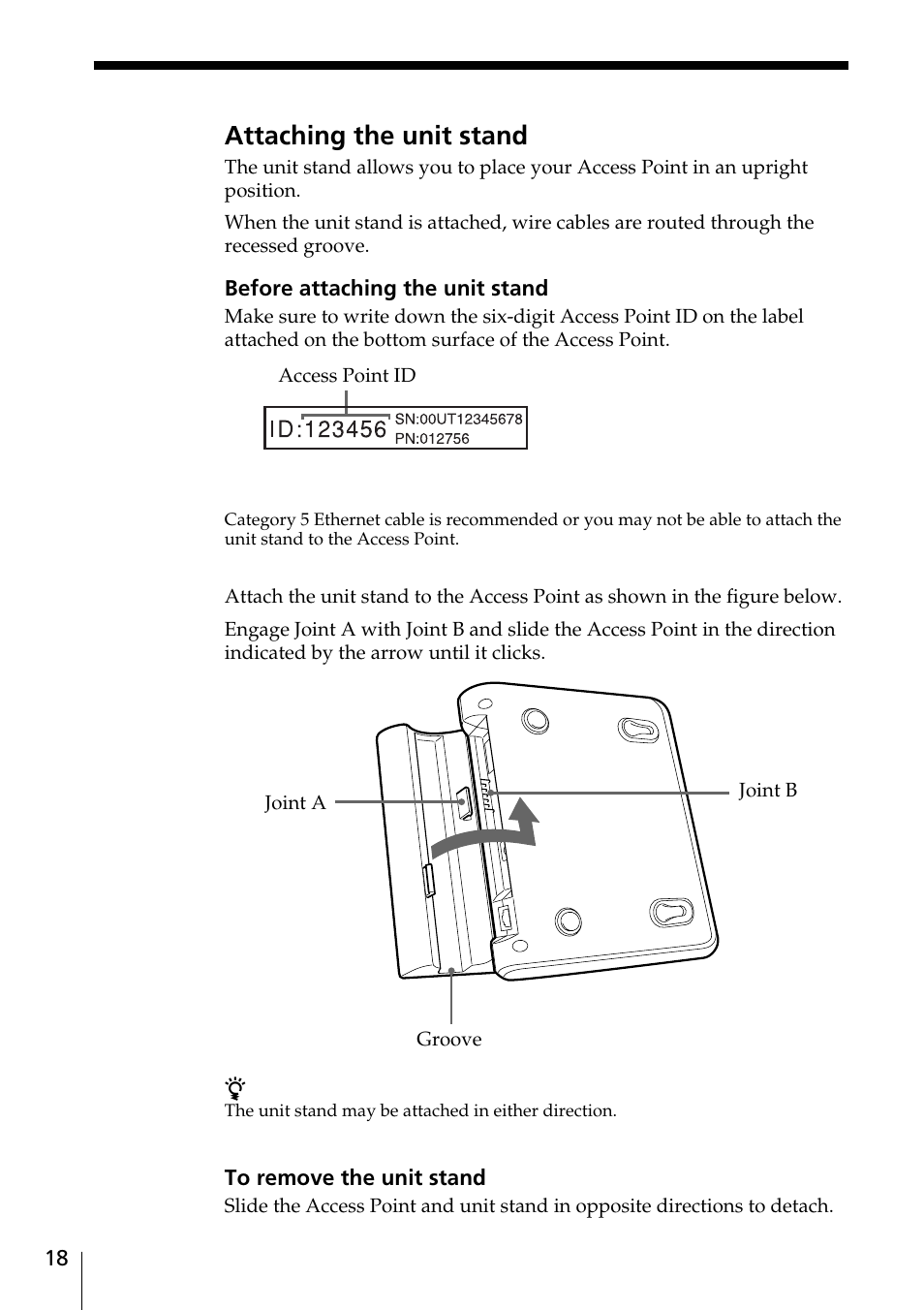 Attaching the unit stand | Sony PCWA-A100 User Manual | Page 18 / 28