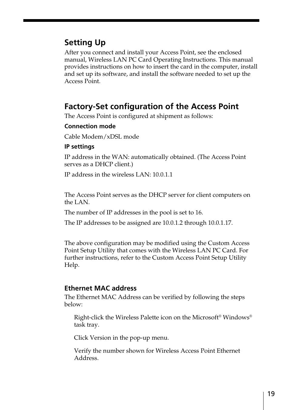 Setting up, Factory-set configuration of the access point | Sony PCWA-A100 User Manual | Page 19 / 28