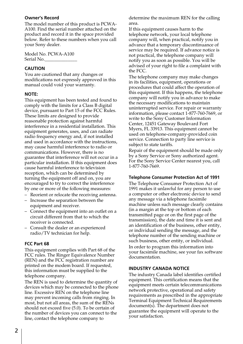 Sony PCWA-A100 User Manual | Page 2 / 28