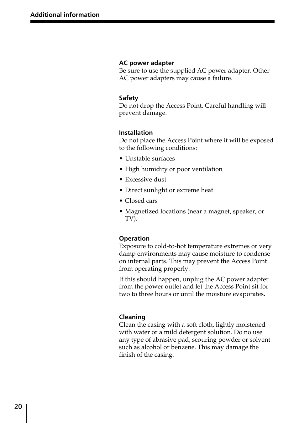 Precautions | Sony PCWA-A100 User Manual | Page 20 / 28