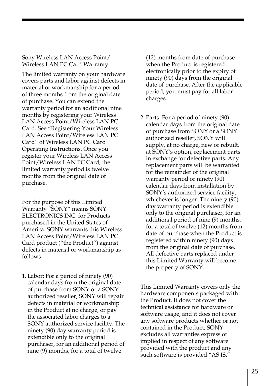 Limited warranty statement | Sony PCWA-A100 User Manual | Page 25 / 28