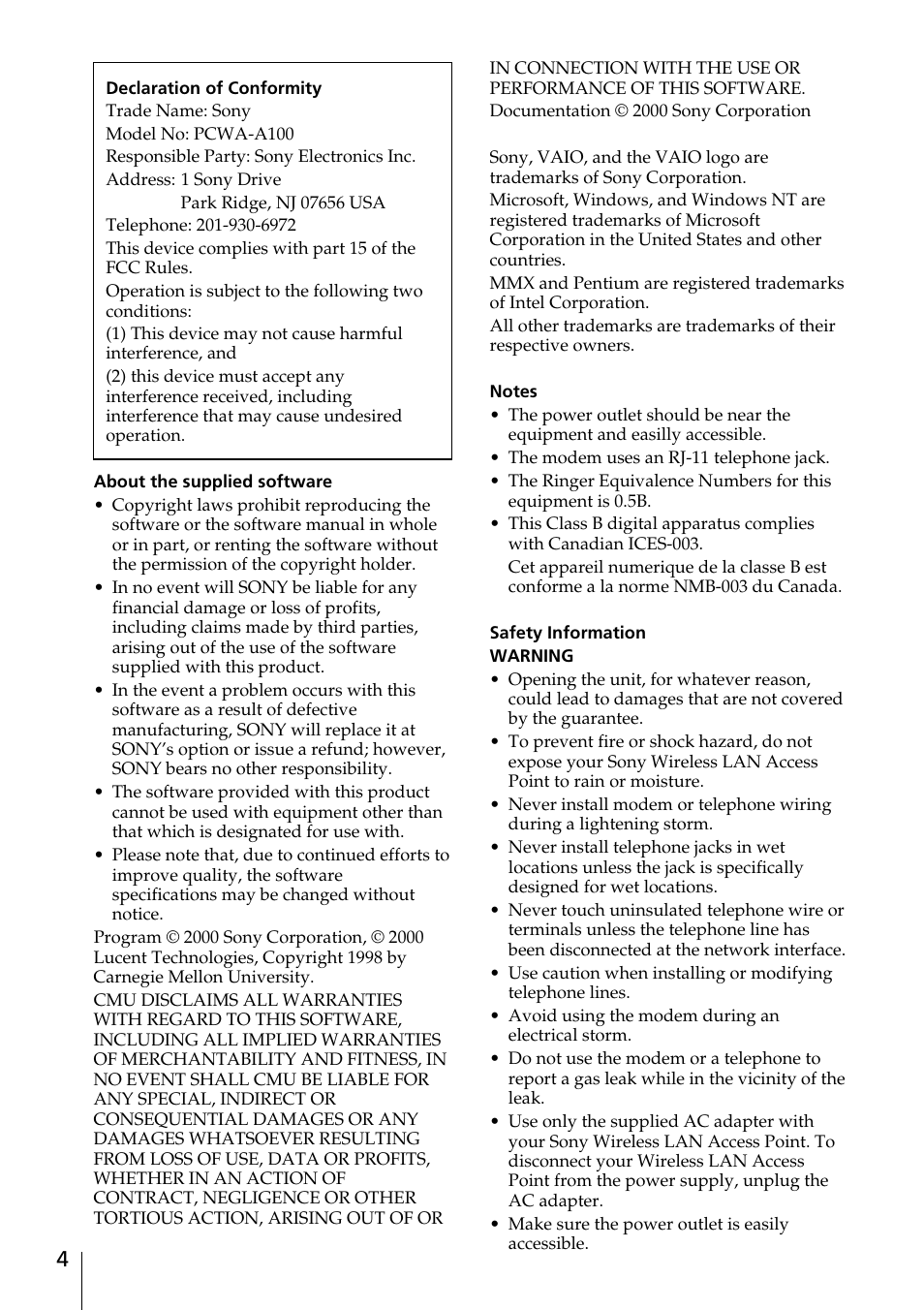 Sony PCWA-A100 User Manual | Page 4 / 28