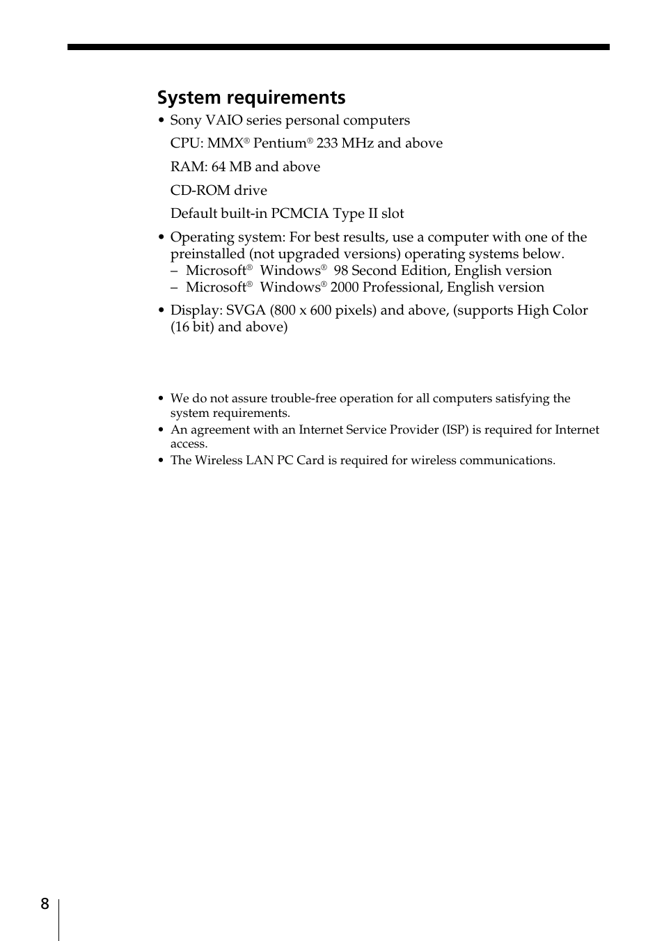 System requirements | Sony PCWA-A100 User Manual | Page 8 / 28