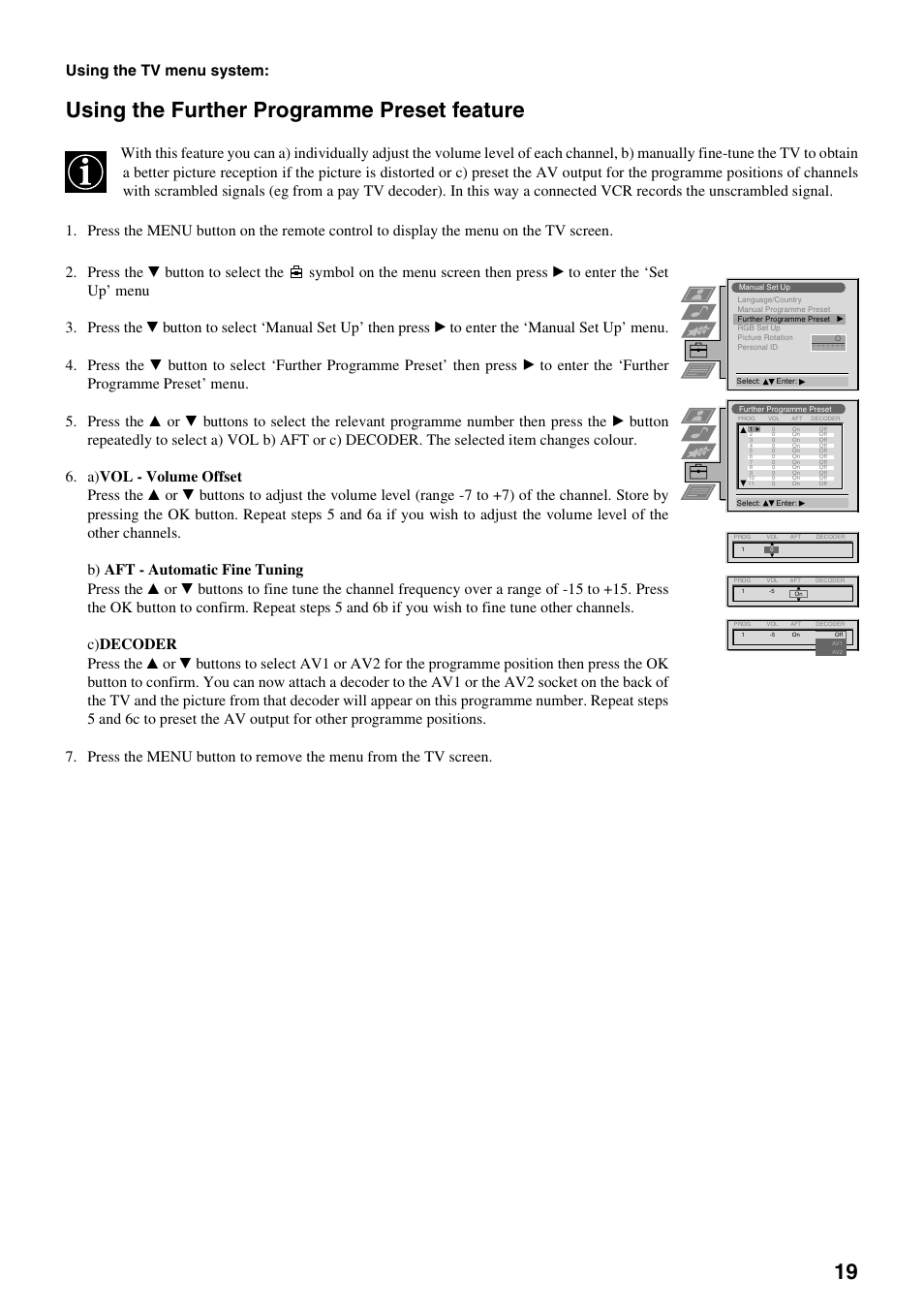 Using the further programme preset feature, Using the tv menu system | Sony KV-28FX65 U User Manual | Page 21 / 28