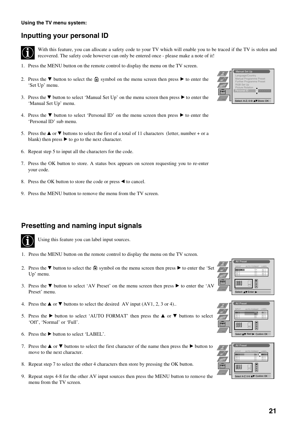 Inputting your personal id, Presetting and naming input signals, Using the tv menu system | Using this feature you can label input sources | Sony KV-28FX65 U User Manual | Page 23 / 28