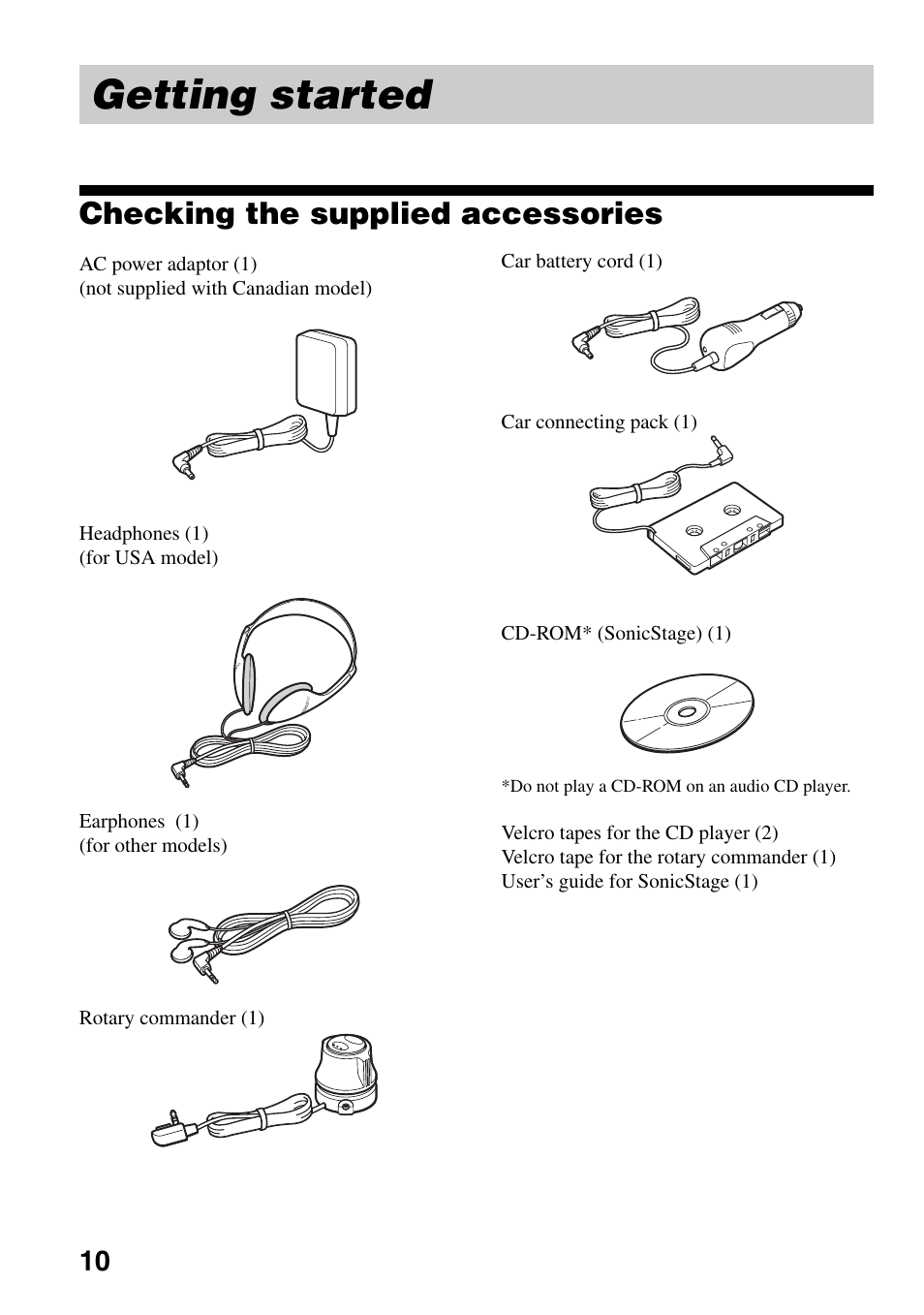 Getting started, Checking the supplied accessories | Sony Atrac3/MP3 CD Walkman D-NE306CK User Manual | Page 10 / 40