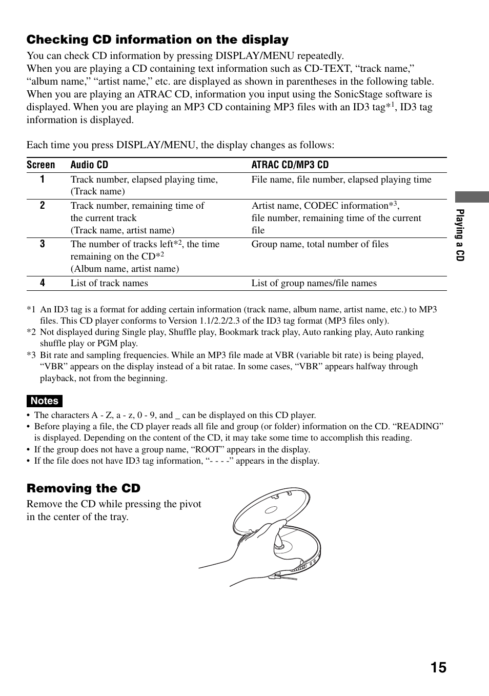 Checking cd information on the display, Removing the cd | Sony Atrac3/MP3 CD Walkman D-NE306CK User Manual | Page 15 / 40