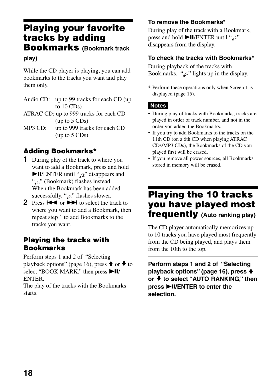 Playing your favorite tracks by adding, Bookmarks (bookmark track play), Playing the 10 tracks you have played | Most frequently (auto ranking play), Playing your favorite tracks by adding bookmarks | Sony Atrac3/MP3 CD Walkman D-NE306CK User Manual | Page 18 / 40