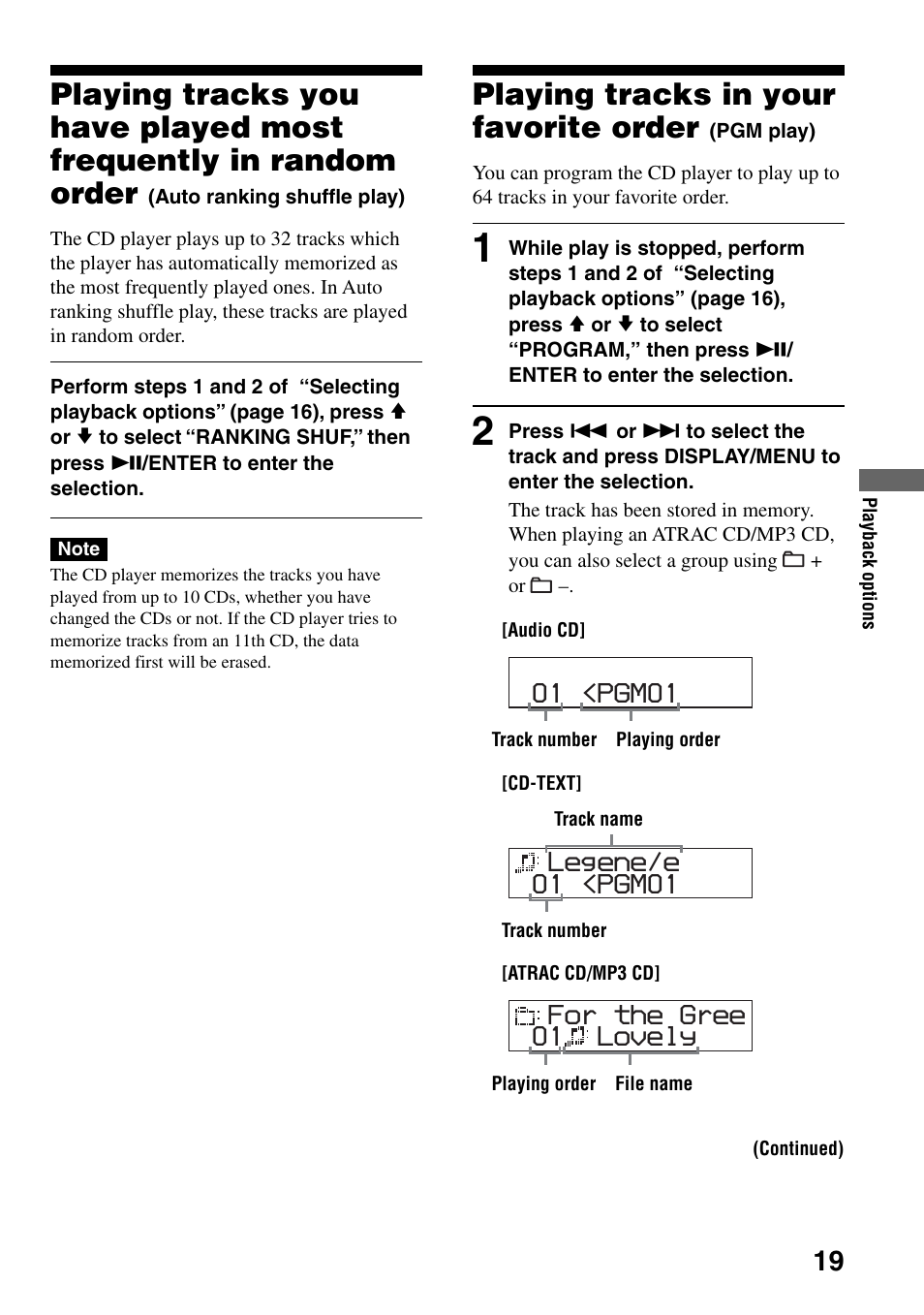 Playing tracks in your favorite order (pgm play), Playing tracks you have played most, Playing tracks in your favorite order | Pgm play), 01 <pgm01, 01 <pgm01 legene/e, 01 lovely for the gree | Sony Atrac3/MP3 CD Walkman D-NE306CK User Manual | Page 19 / 40
