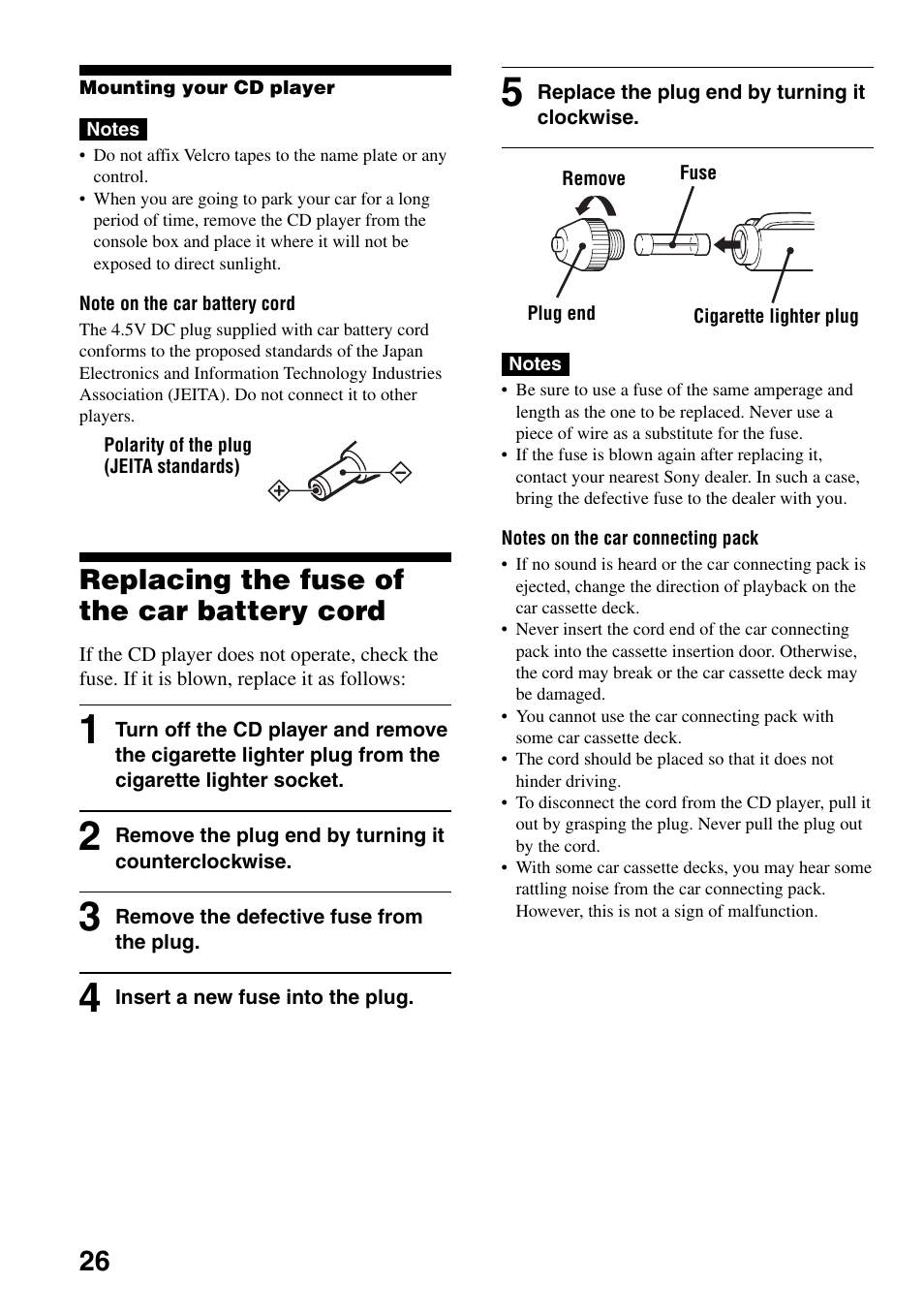 Replacing the fuse of the car battery cord, Replacing the fuse of the car battery cord . 26 | Sony Atrac3/MP3 CD Walkman D-NE306CK User Manual | Page 26 / 40