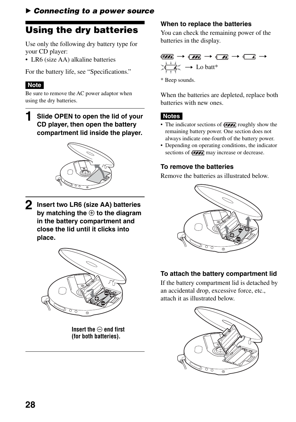 Connecting to a power source, Using the dry batteries | Sony Atrac3/MP3 CD Walkman D-NE306CK User Manual | Page 28 / 40